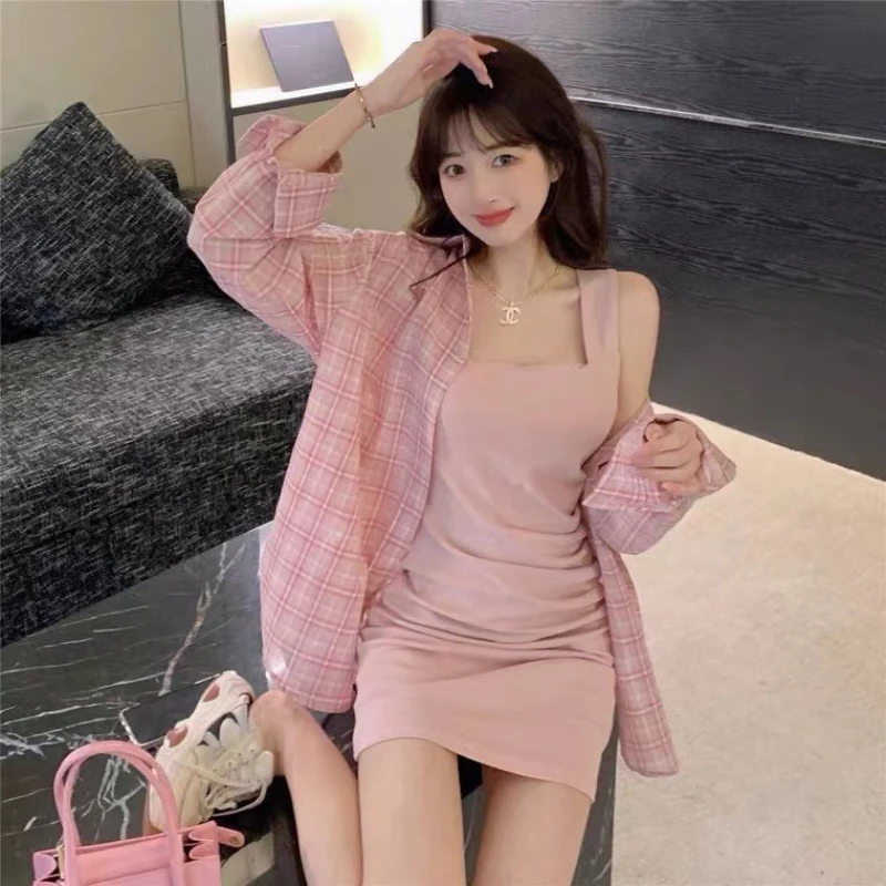 2023 Summer Fashion Wear a Full Set of Pink Plaid Shirt Women's Suspender Dress Sweet Spicy Women's Two-piece Fashion Style