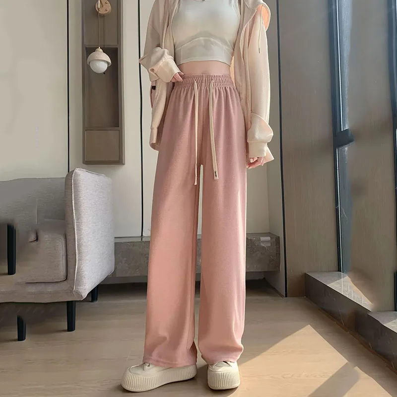 秋冬厚みのワイドレッグパンツ女性ハイウエストルーズストレートカジュアルパンツ韓国ストリートクラシックドレープスウェットパンツ