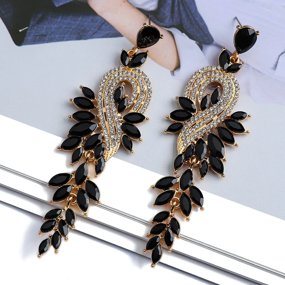 fashion leaf note colored crystal long hanging jewellery for girls earrings women retro light luxury exquisite Ladies\' earings