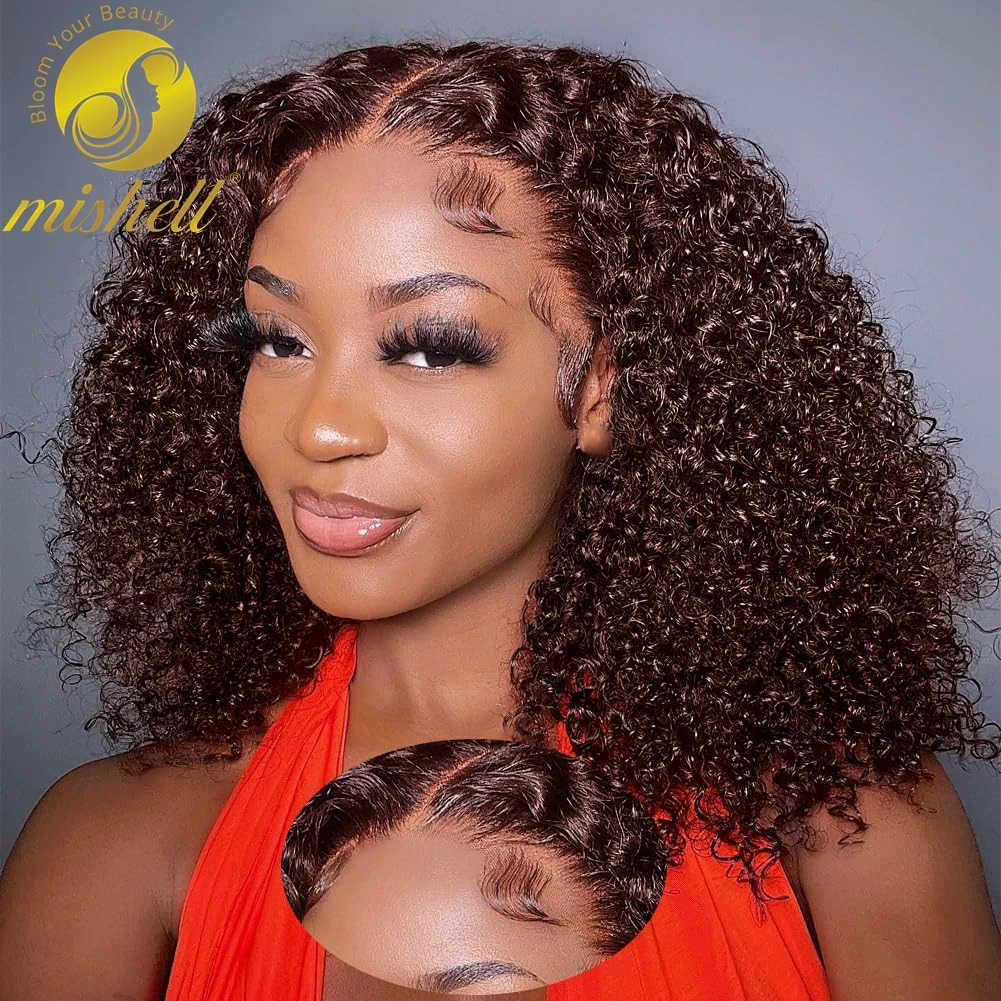 4# Colored Chocolate Brown Short Curly Bob Wig For Women 13x4 Lace Frontal Deep Wave Human Hair Wigs PrePlucked Natural Remy Wig