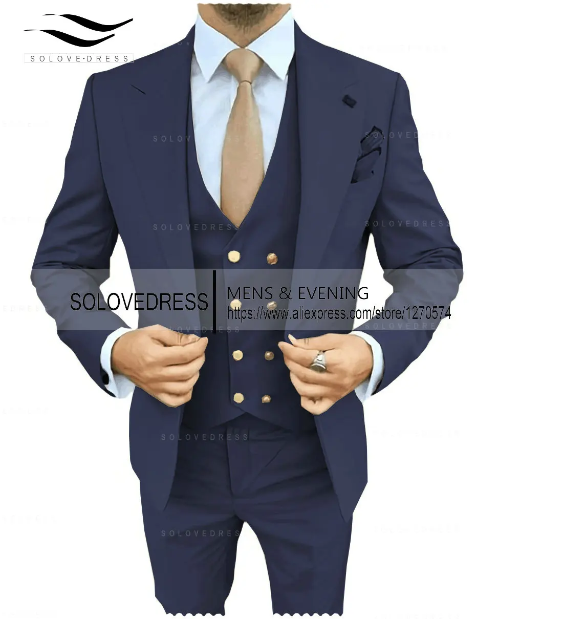 Men's Three Piece Business Suit Double Breasted Peak Lapel Formal Wedding Party Suits Groom Tuxedos（Blazer+Vest+Pants）