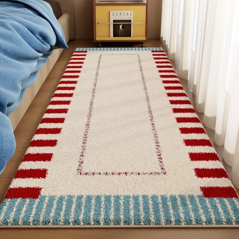 Color Blocking Checkered Carpet Fluffy Plush Bedroom Side Rug Living Room Decoration Long Strip Floor Mat Home Decor