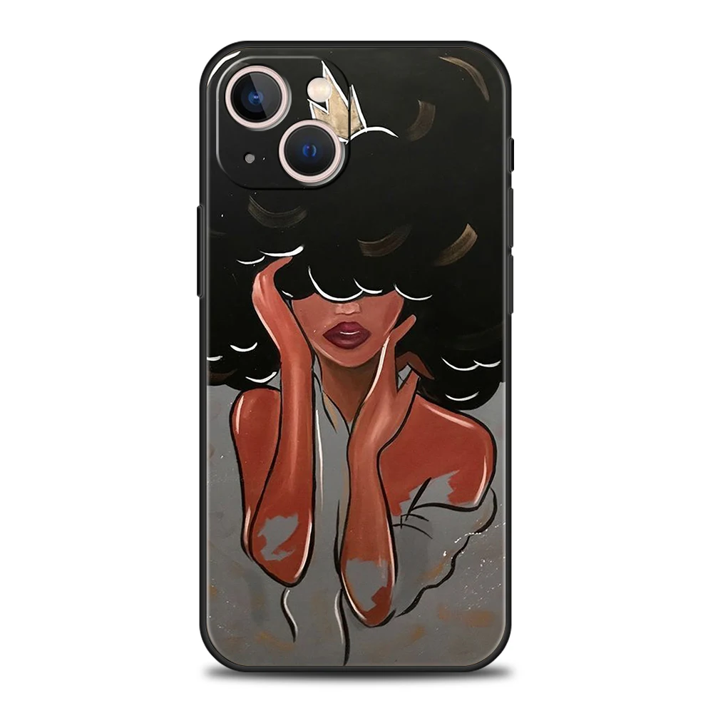 Fashion Black Girl Phone Case Cover for iPhone 16 15 14 13 12 Pro Max XR XS X 11 7 8 Plus Shockproof Silicone Soft Shell Capas