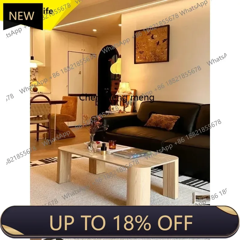 

P178 Nordic INS Monet Coffee Table with Travertine Stone and White Ash Wood for Living Room in Vintage Style