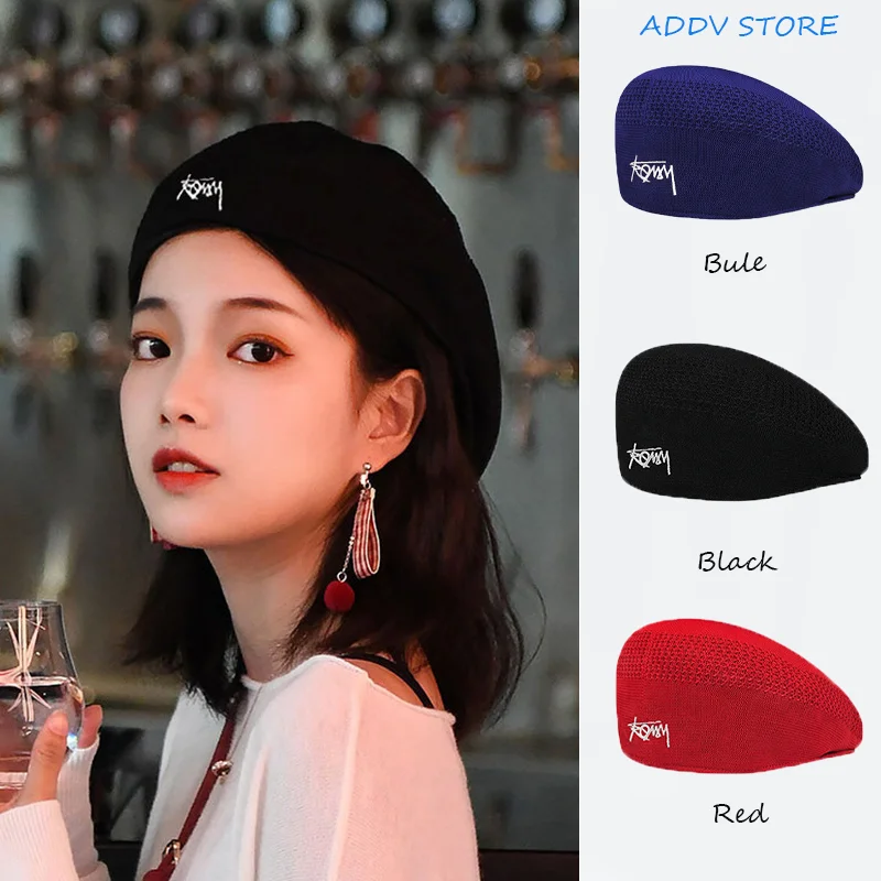 Spring and Summer Mesh Thin Letter Beret Women\'s Black Fashion Painter Hat Big Head Around The Tongue Forward Hat Women Hat