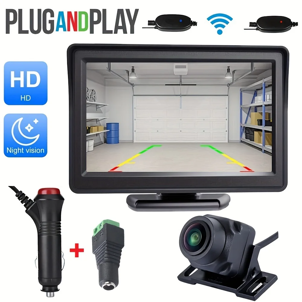 4.3\'\' Wireless Car Monitor+Night Vision Reverse Camera Backup Rear View Parking Kit, With Adapter