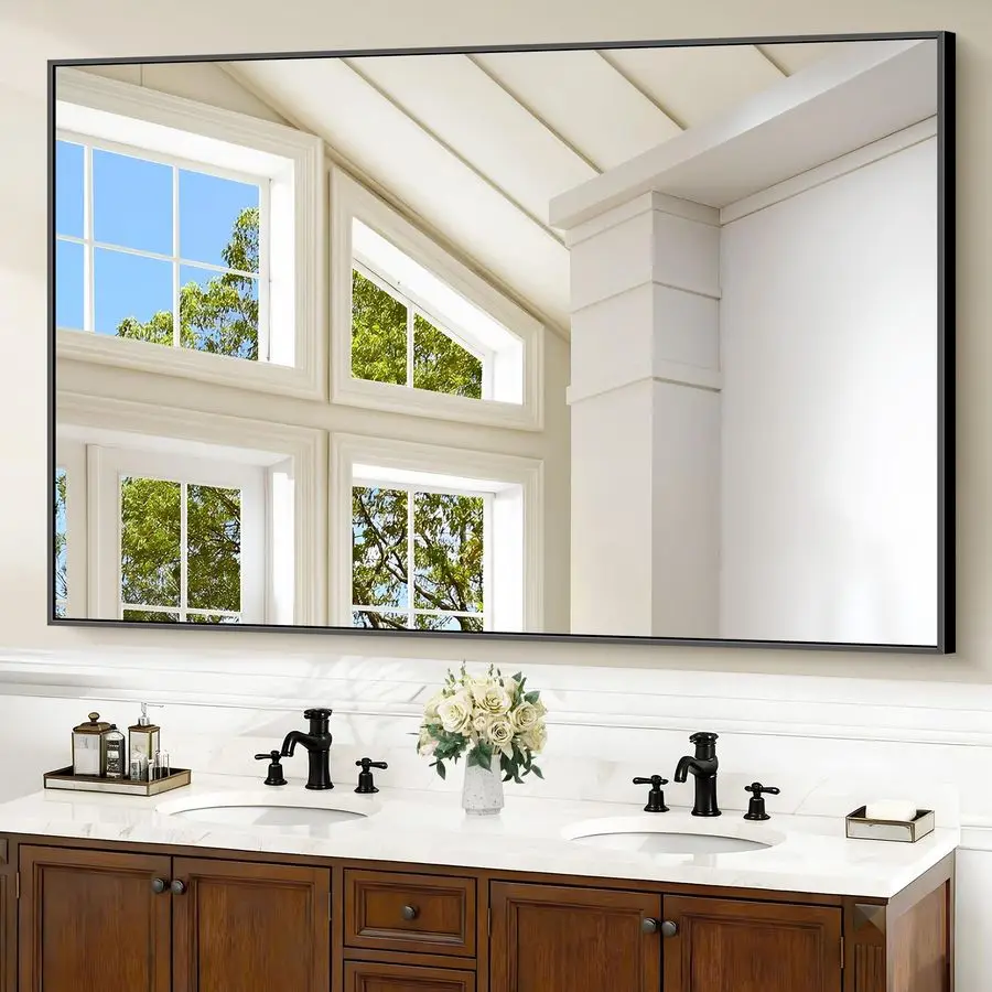 

Black Bathroom Mirror, Black Rectangle Mirror with Frame, Large Rectangular Wall Mirrors for Bathroom, Living Room, Hair Salon,