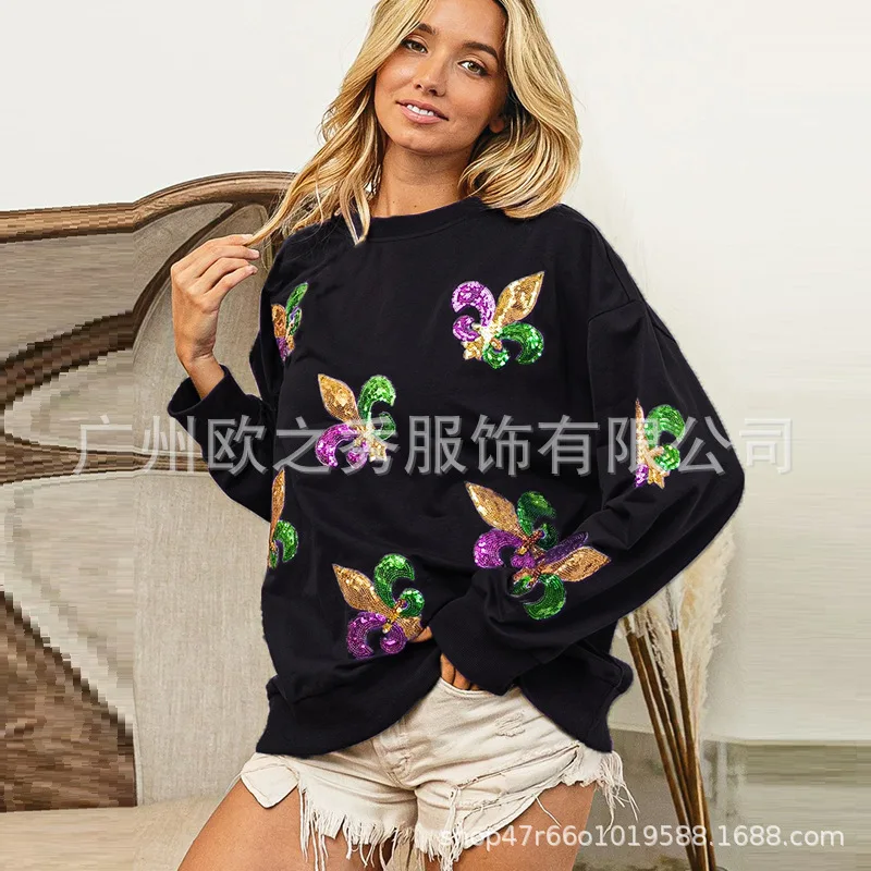 Women's Autumn Spring Top Sweatshirt Knitted Sequins Embroidery Retro Simple Loose Casual Fashion Soft Niche Versatile Skinny