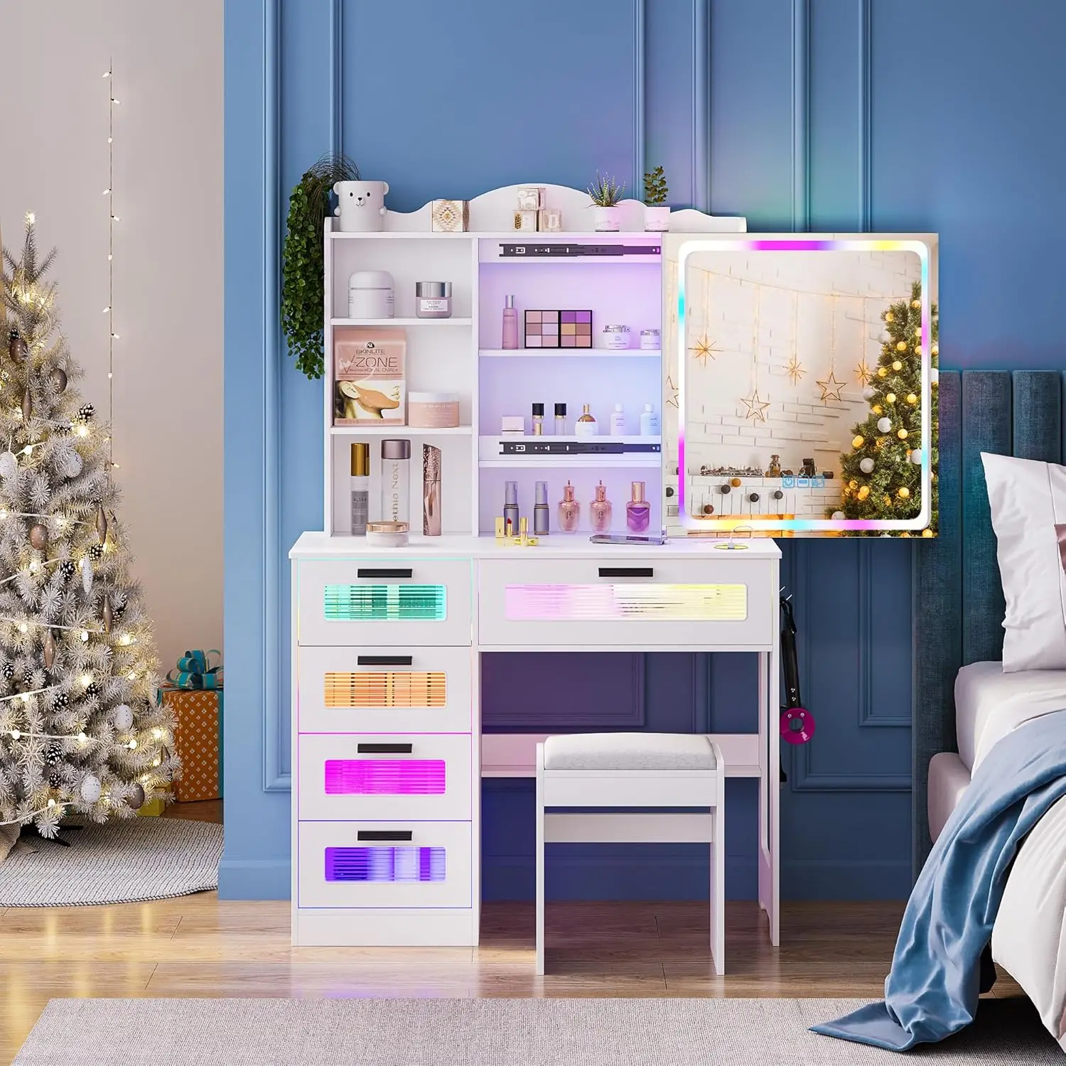 Bedroom White Vanity Set with LED Mirror, RGB Light & Jewelry Organizer view 3