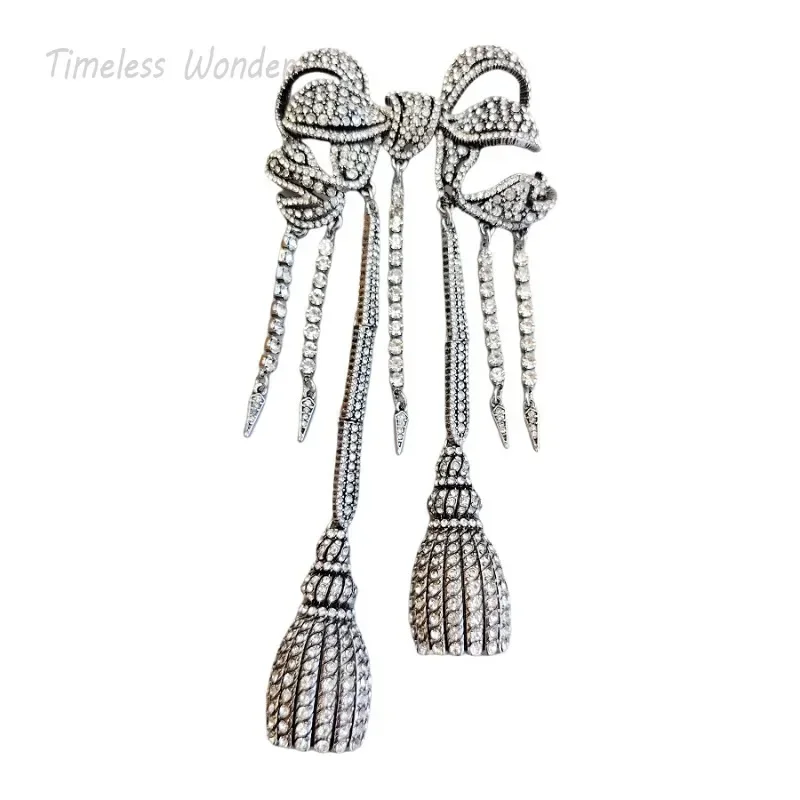 Timeless Wonder Fancy Zircon XL Bowknot Tassel Brooch Pins for Women Designer Jewelry Runway Trendy Punk Classy Rare Gift 6323