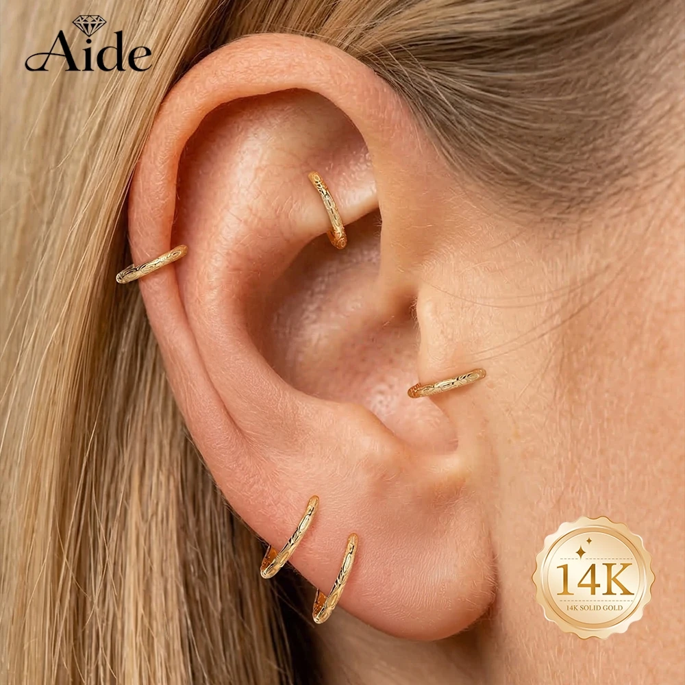 AIDE 14K Solid Gold Classic Pattern Single Circle Ear Bone Piercing Hoop For Women Cartilage Helix Dainty Luxury Fine Jewelry