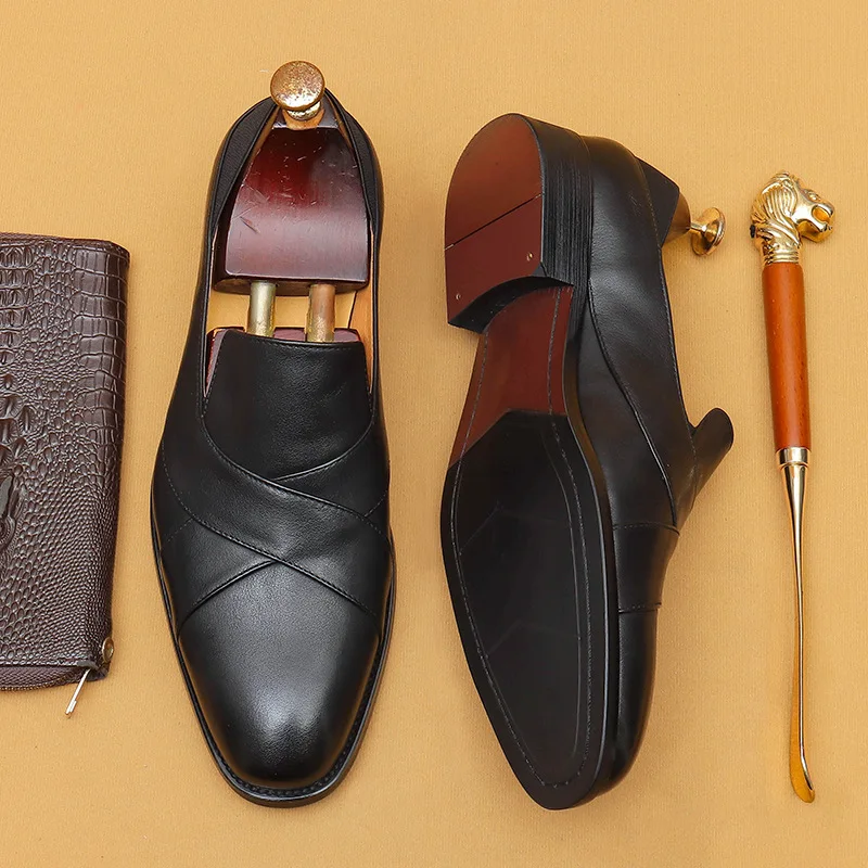 

Men'S Genuine Leather Vintage High Quality Shoes Luxury Wedding Formal Dress Classic Elegant Italian Black Loafers