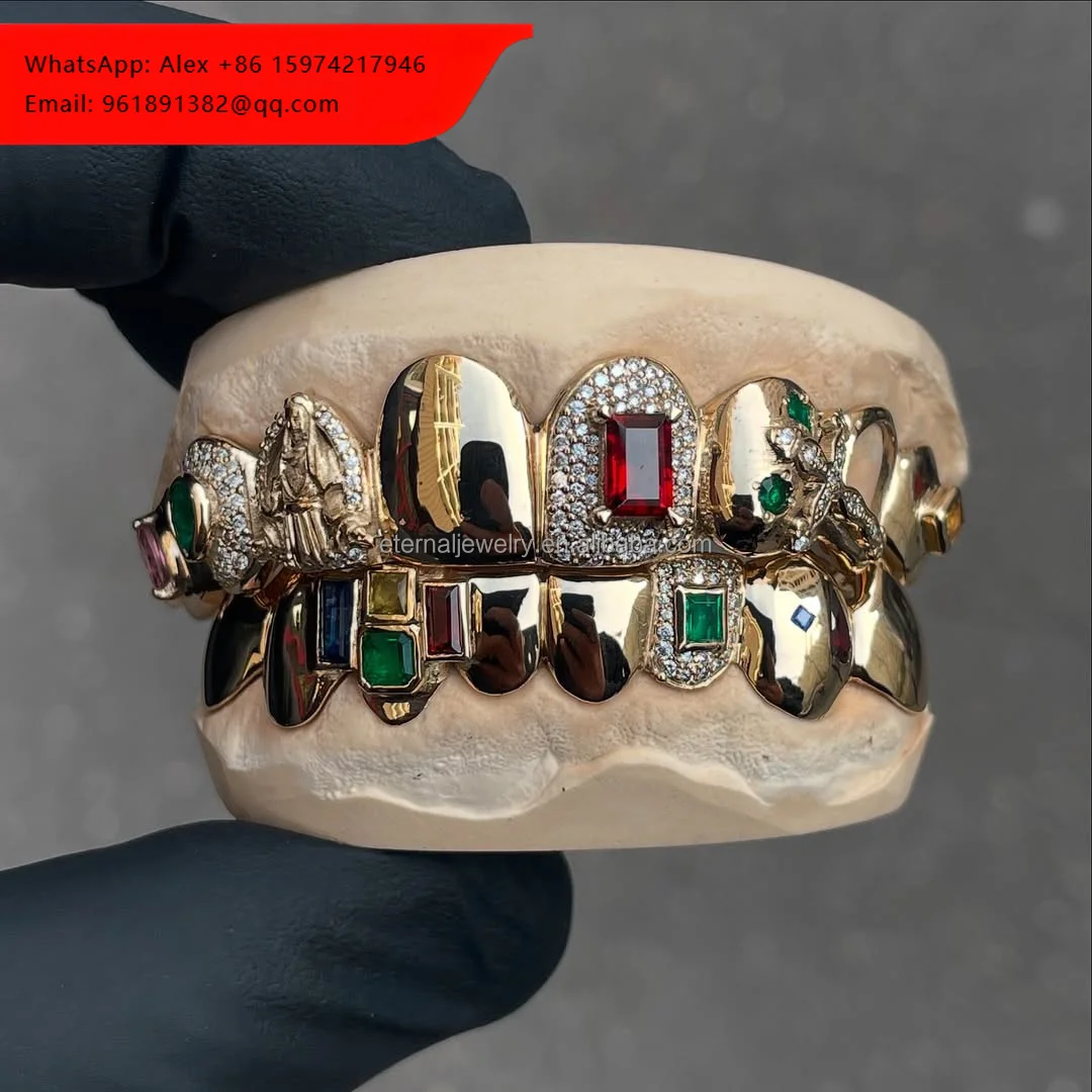 

Custom Women Men TOP BOTTOM Lab Ruby Sapphire Emerald Moissanite Diamond S925 Silver 10K 18K Solid Gold Fine Teeth Grillz