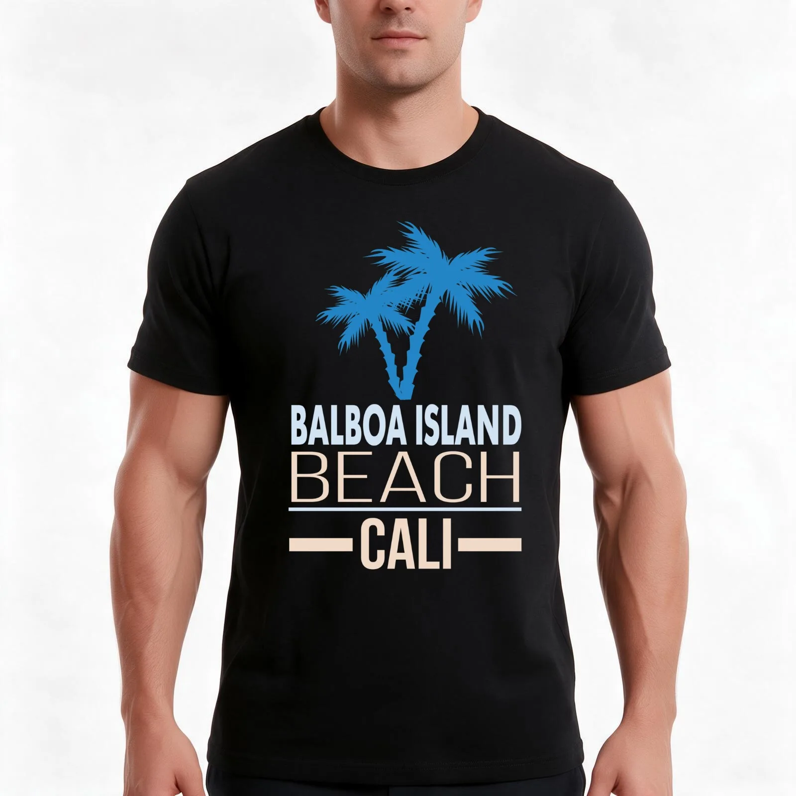 Balboa Island Beach California with Palm Trees Men T Shirt graphic t shirts for man