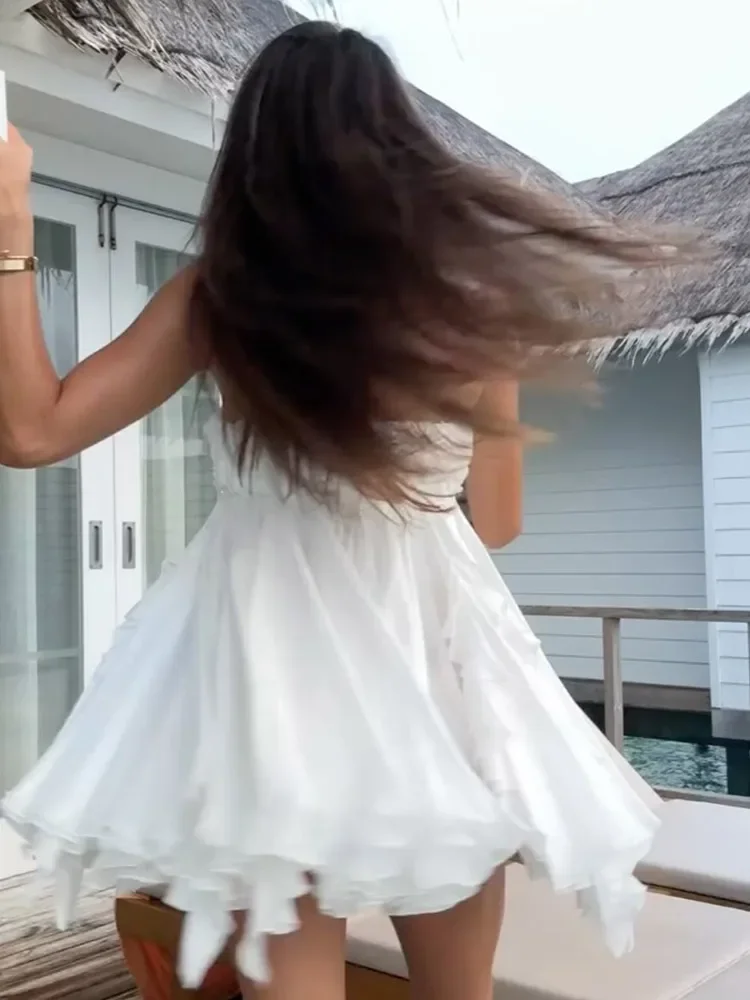 Moda feminina 3d flor azul em camadas babados sem alças mini vestido sexy senhora sem costas sem mangas vestidos nova senhora beach wear