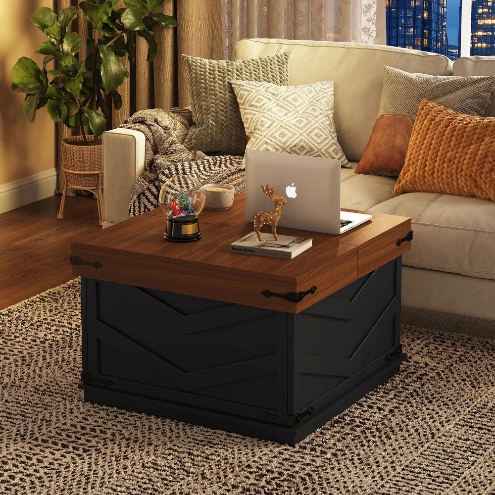 Table basse relevable de 31,5 pouces avec centre carré coulissant et grand rangement caché