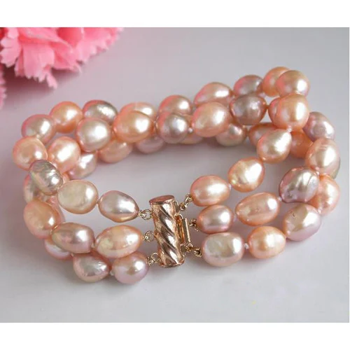 

Favorite Pearl Jewelry,3Rows 8'' 9x12mm Pink Lavender Freshwater Cultured Pearl Bracelet,Classic Wedding Birthday Women Gift