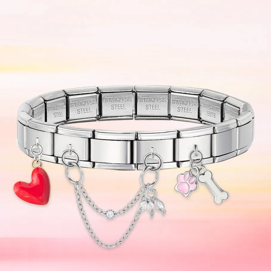 Original Herz-Katzenpfoten-Doppelkette mit Kristall, modischer italienischer Charm-Glieder, passend für 9 mm Edelstahl-Armbänder, DIY-Schmuck – Detail 2