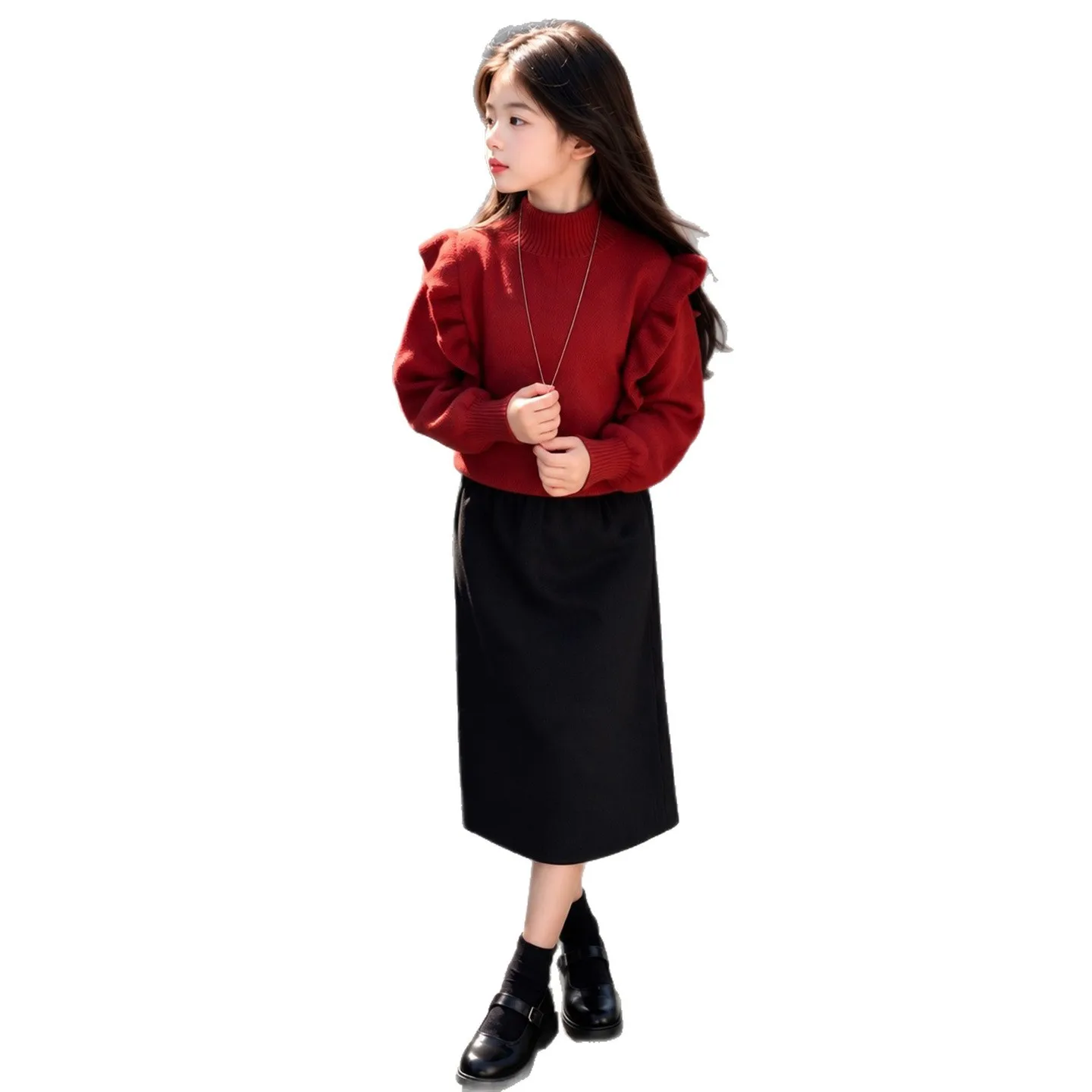 2026 1PC TOP new autumn winter Girls clothes red flounce sweater lace Dresses teenager Kid turtleneck knitted 13 14 15 16 17year
