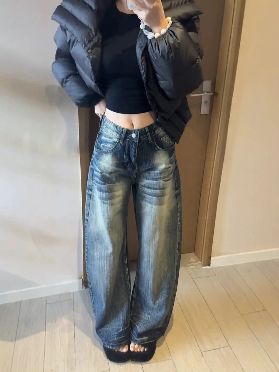 High Waist Wide Leg Jeans Women's Loose Fit Slimming Straight Blade Washed Denim Pants Autumn Street Style plus Size