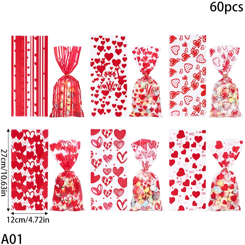 60 Stück Valentinstag Liebe Herz durchsichtige Kunststoff Süßigkeiten Taschen Cookie Leckerli Taschen Hochzeit Party Dekor Valentinstag Gastgeschenk Verpackungsbeutel