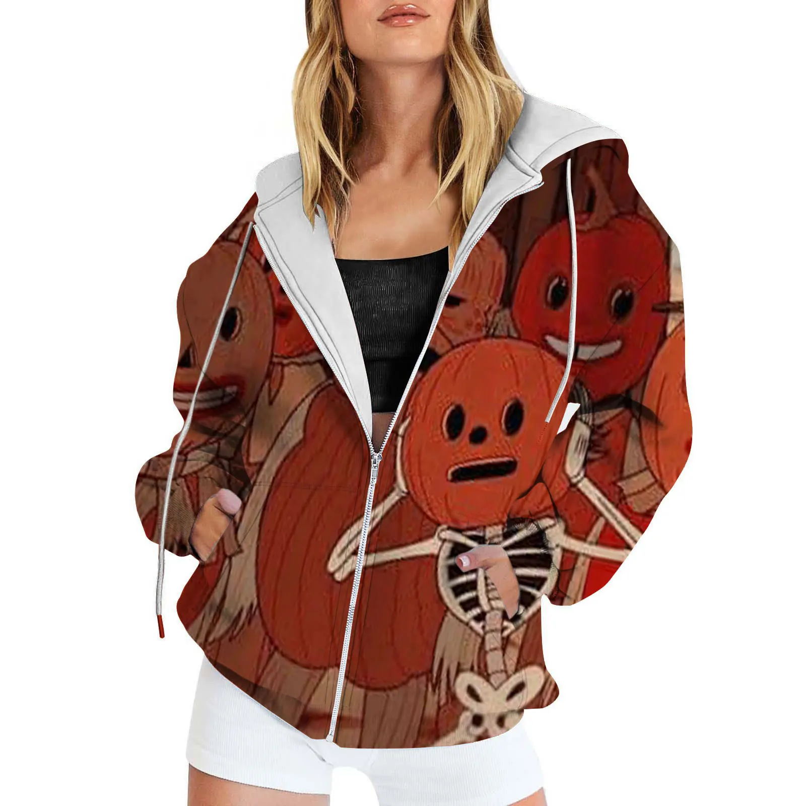 Women's Halloween Element Pattern Hoodie Hooded Long Sleeved Zipper Jacket Women's Spring Top WholesaleMC4