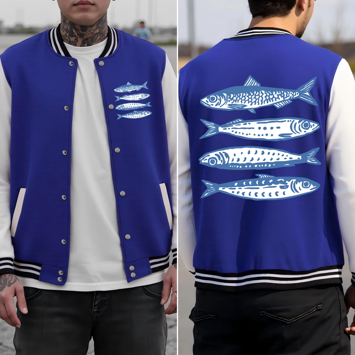 

Ocean Interesting Fish Printing Men Jacket American Loose Streetwear Hip Hop Pocket Male Clothes Autumn Colorful Jackets