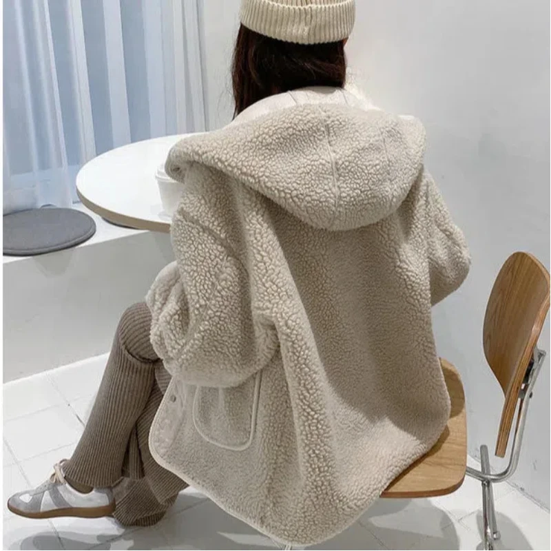 Winter Lamb Plush Thick Hooded New Women\'s Clothing Korean Version Loose Fit Button Trend Simplicity All-match Pocket Chic Coats