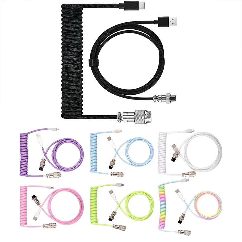 USB Type C Mechanical Keyboard Coiled Cable Hardware Linker Computer Aviation Mechanical Cable Spiral Gaming USB Keyboard Cable