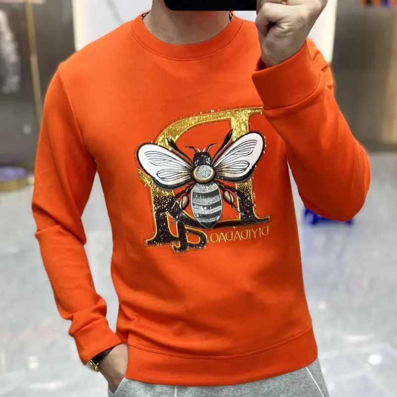 European Station 2023 Autumn Men's Bee Diamond Round Neck Sweater Letter Embroidery Trend Slim Fit Long Sleeve Pullover