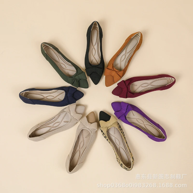 

Pointed Toe Knit Princess Shoes Shallow Mouth Bowknot Casual Flats Korean Style Elegant Sweet Girls Daily Dress Shoes All Match