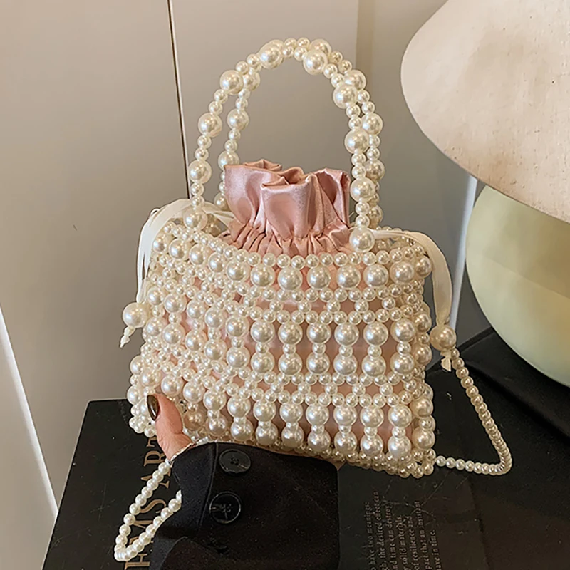 Light Luxury Pearls Crossbody Bag For Women Summer Patchwork Handmade Woven Shoulder Bags Trendy Beading Drawstring Handbags