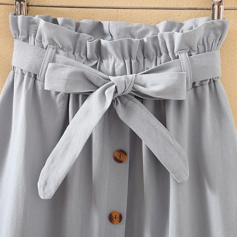 Summer Autumn Skirts Womens Midi Knee Length Korean Elegant Button High Waist Skirt Female Pleated School Skirt