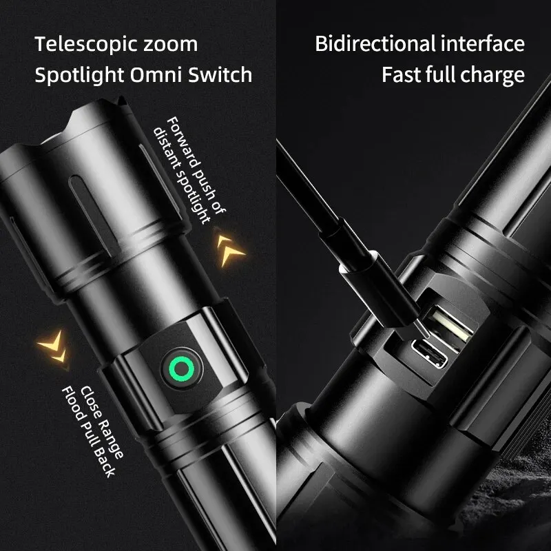 Super Bright 2000m High Power LED Flashlight Torch Type-c Rechargeable Powerful Outdoor Self Defense Handlamp Camping Lantern