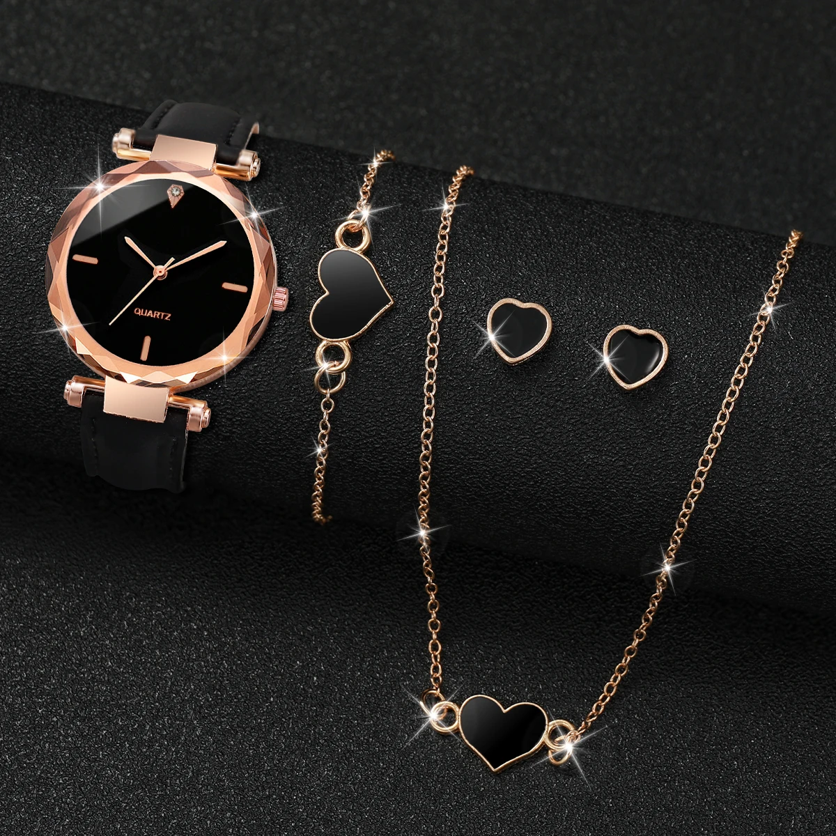 5PCS/Set Women's Watch Fashion Quartz Watch Leather Band Wristwatches Heart Jewelry Set（Without Box）
