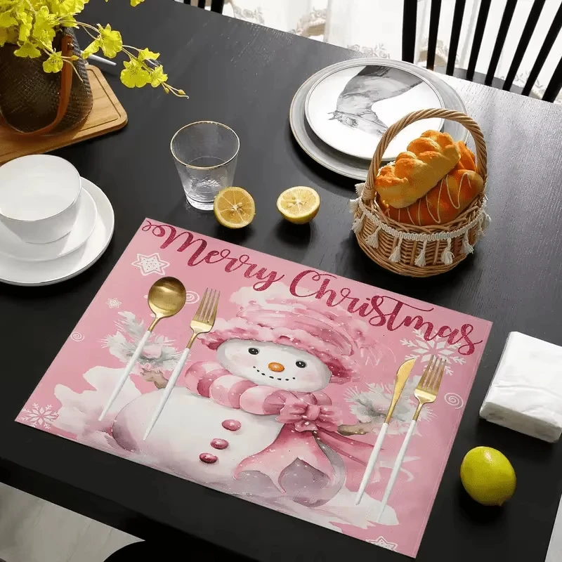 VIKAMA 4 Stück rosa Schneemann-Weihnachts-Tischsets, niedliche Schneemann-Muster-Tischsets, festliche Tischdekorationen