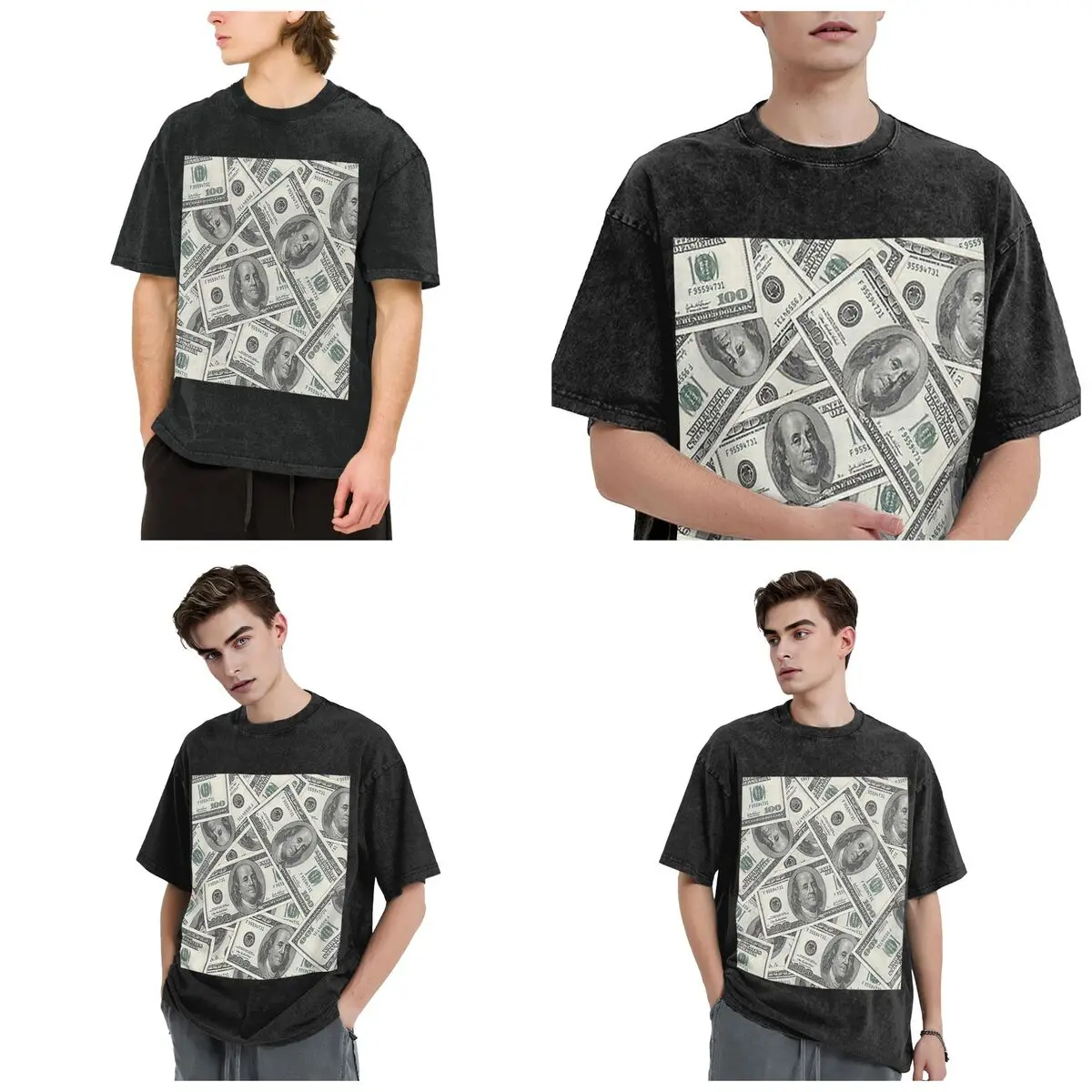 Streetwear T-Shirts Rich Money Novelty Dollars Washed T Shirt Short Sleeve Hip Hop T-Shirt Tops Tees for Men Women