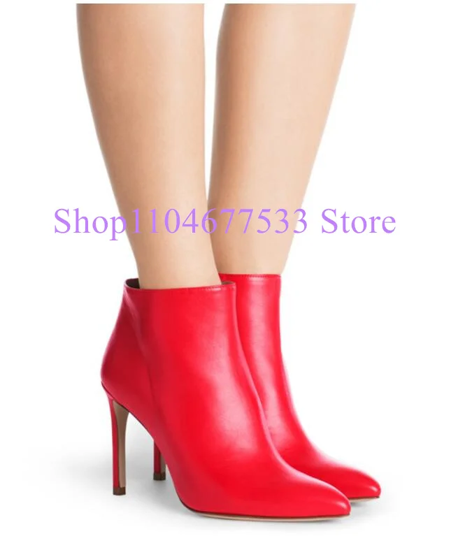 

Red Color Leather Woman Short Boots Sexy Pointed Toe Thin Heel Lady Ankle Boots Large Size Banquet Booties Dress Shoes
