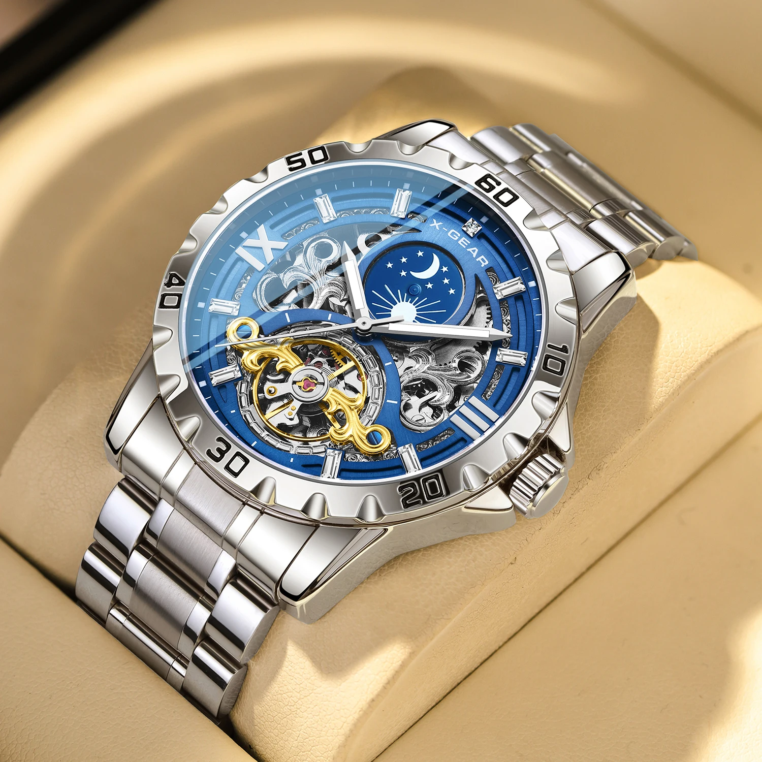 Luxury Men's Starry Sky Moon Phase Tourbillon Automatic Mechanical Luminous Stainless Steel Watch