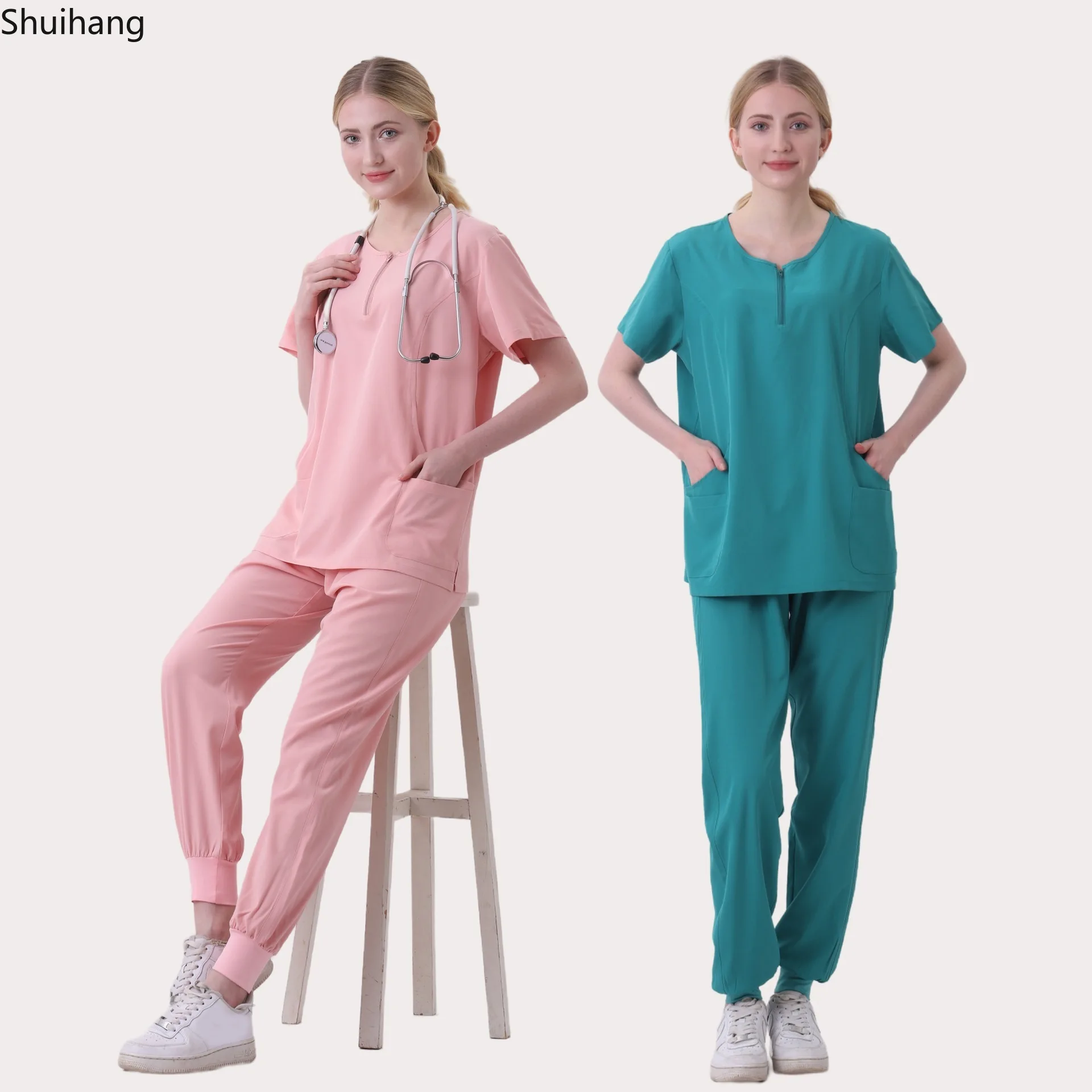 Mulheres Casual curto mangas v-Neck Jogger ternos, Hospital Médico Enfermagem Uniforme, Enfermeira Farmácia Trabalho médicos Uniformes, Atacado