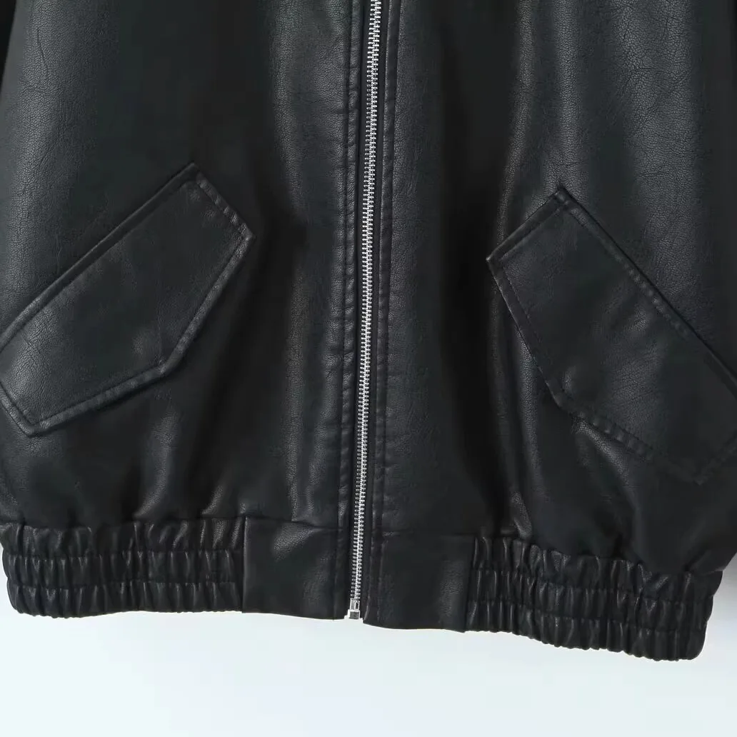 Faionable versátil couro pu waed feminino jaet outono novo sle simples ele longo sve flip colarinho casaco para jovens