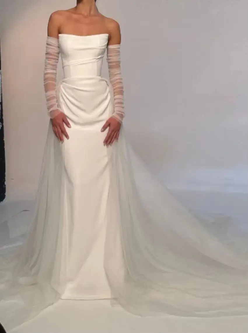 Othray Tulle Skirt Detchable Long Sleeves Bridal Wedding Party Gowns Women Formal Party Mermaid Satin Bride Wedding Dresses
