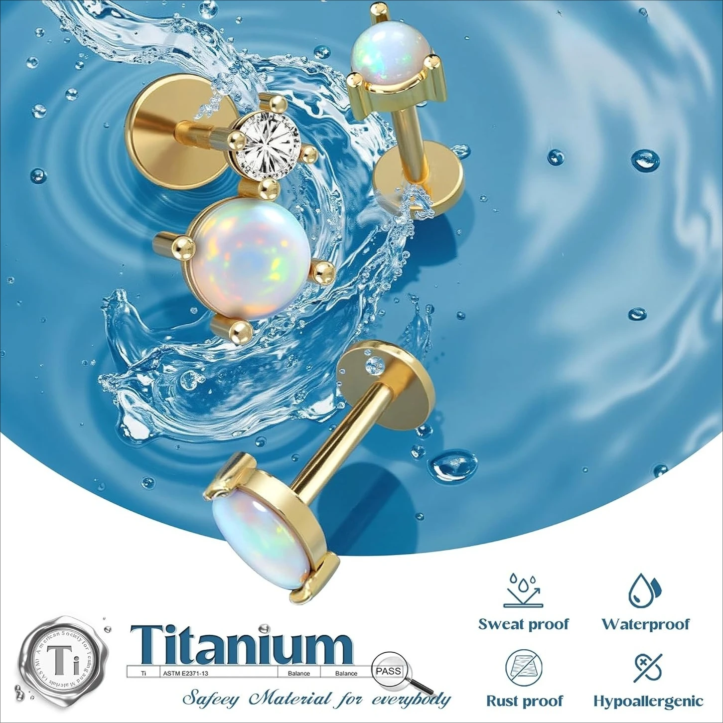 Florideco 3Pcs G23 Titanium Flat Back Earrings Studs 14K Gold Plated Opal Cartilage Helix Piercing Jewelry for Women Men 18G