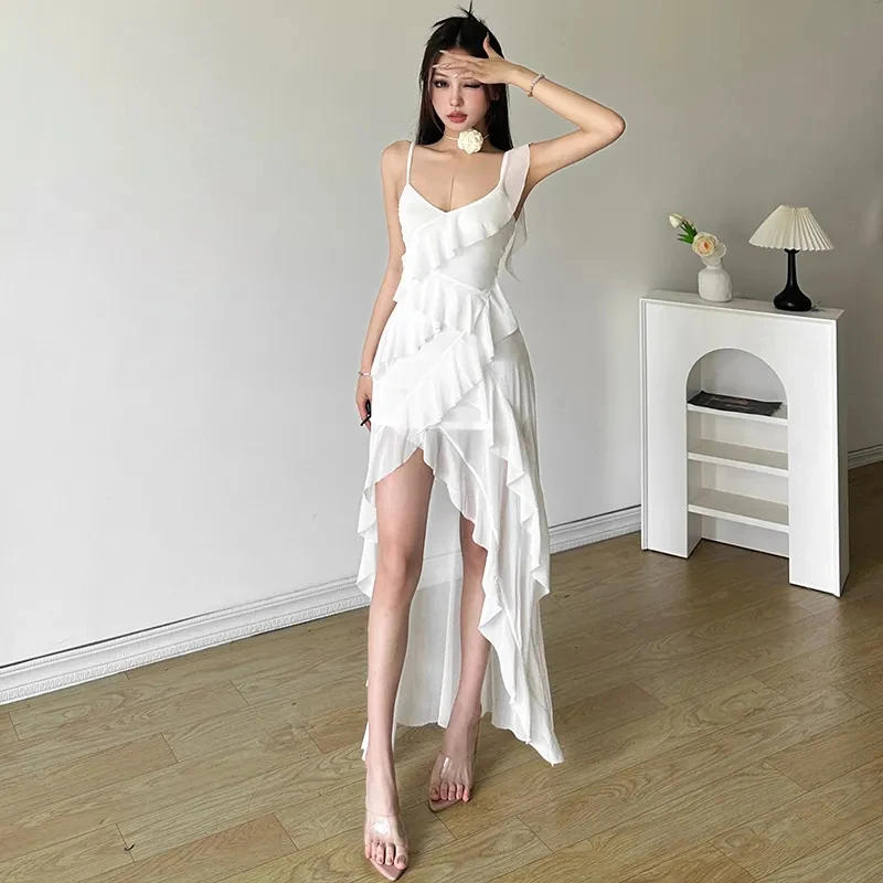 Y2K فستان كاميس مثير مكشكش موضة الصيف السباغيتي الأشرطة سليم ميدي فستان كوري الشارع الشهير شبكة المرقعة غير النظامية فيستدوس