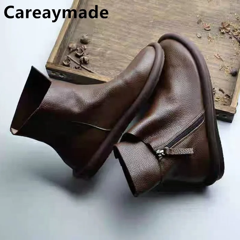 Careaymade-Genuine leather wider toe women short boots winter warm plush side zipper boots soft sole handmade flat women's boots