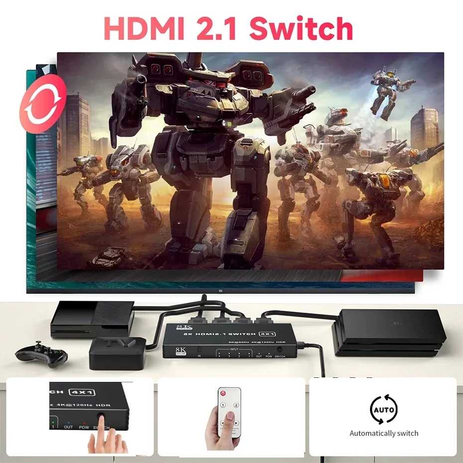 8K 60Hz HDMI Switch 3x1 5x1 HDMI 2.1 Switcher 3 in 1 out Selector Hub 4K 120Hz With IR Remote For Xbox Series X PC PS5 Projector