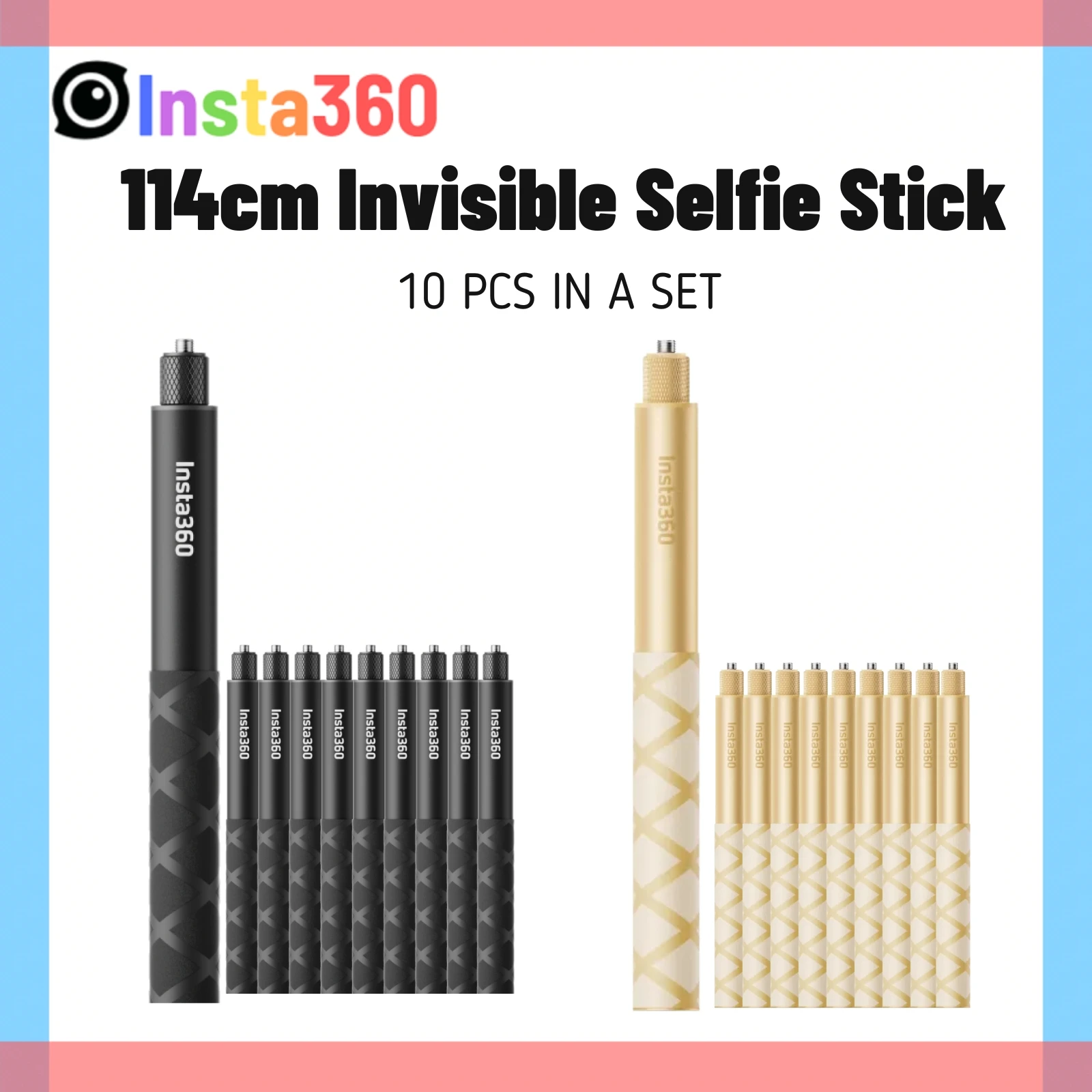 10 Pcs Insta360 114cm Selfie Stick Extensible Rod Black Or Golden Invisible Grip Pole For Insta360 X4 X3 ONE X2 Accessories