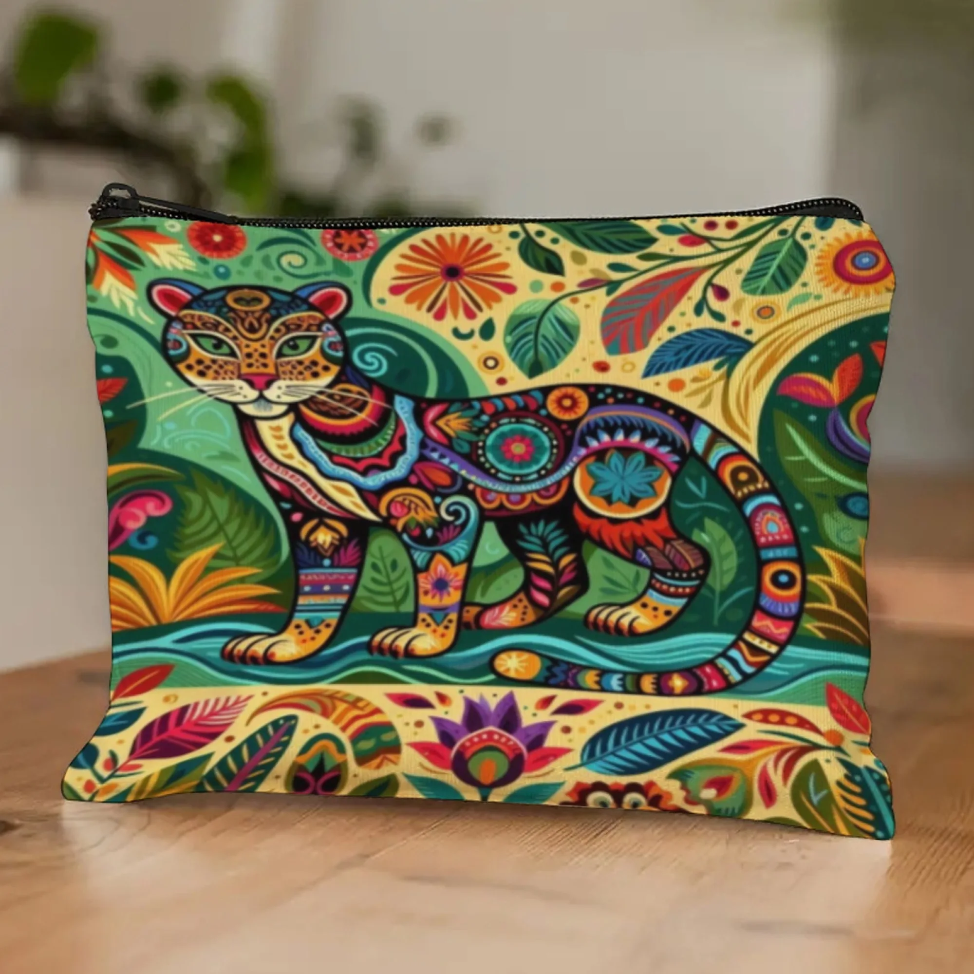 

Bohemian Makeup Bag with Jaguar Print, Ethnic zipper Pouch for Jewelry & Cosmetics, Vintage Mexican Style Accessory