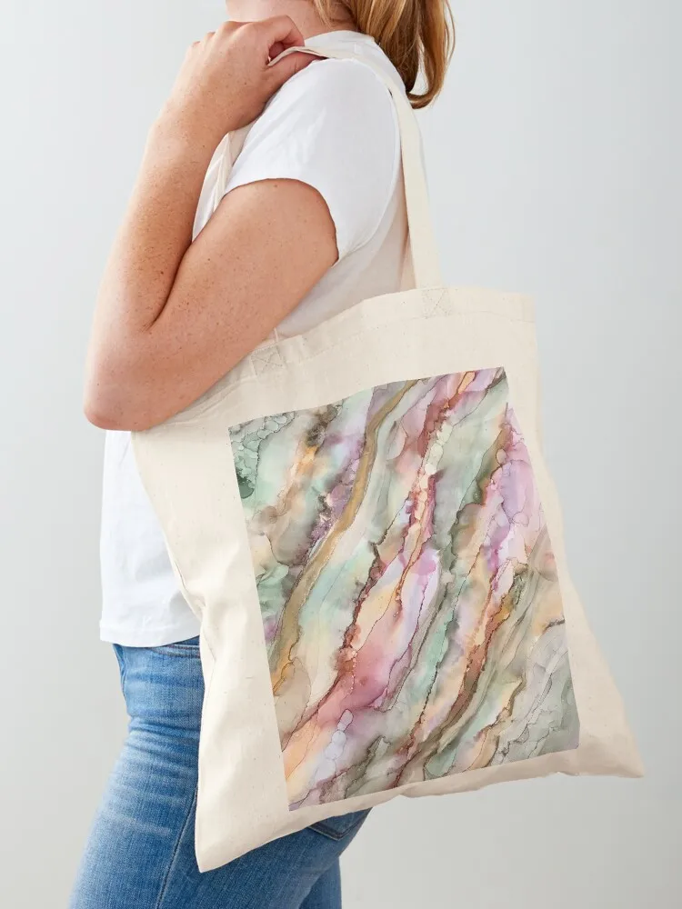 

Calm - alcohol ink artwork with moss, peach, pink and gold Tote Bag Canvas women bag Women's beach bags female bag