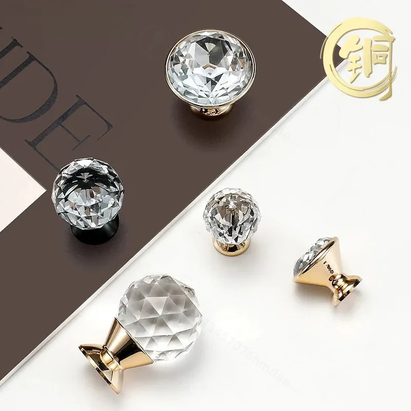 European Light Luxury Crystal Handle Brass Base Cabinet Shoe Wardrobe Door Pull Small Single Hole Drawer Knob Hardware